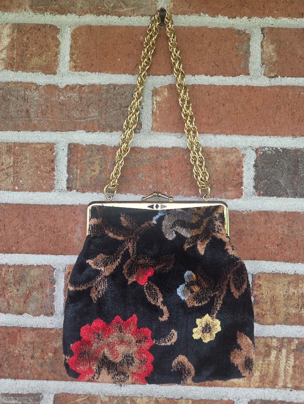 Gold-Handle Black Floral Chenille Velvet Carpet Evening Bag - Picture 6 of 9